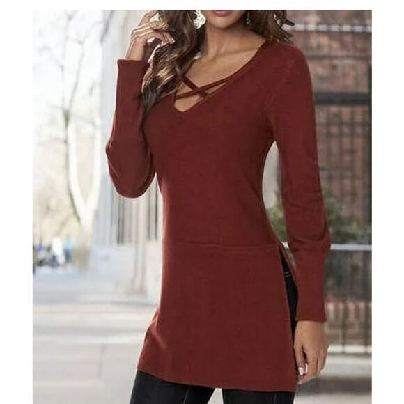 K Jordan Criss Cross Neck Pull-Over Long Sleeve Brown Rust Side Slits Sweater XL - Picture 2 of 8